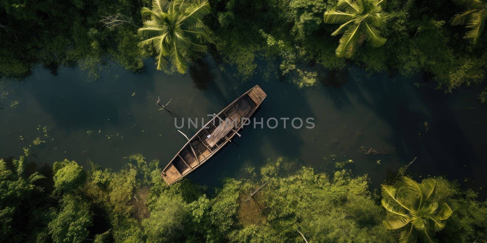 Top view to an abandoned boat on the river in the forest or jungle