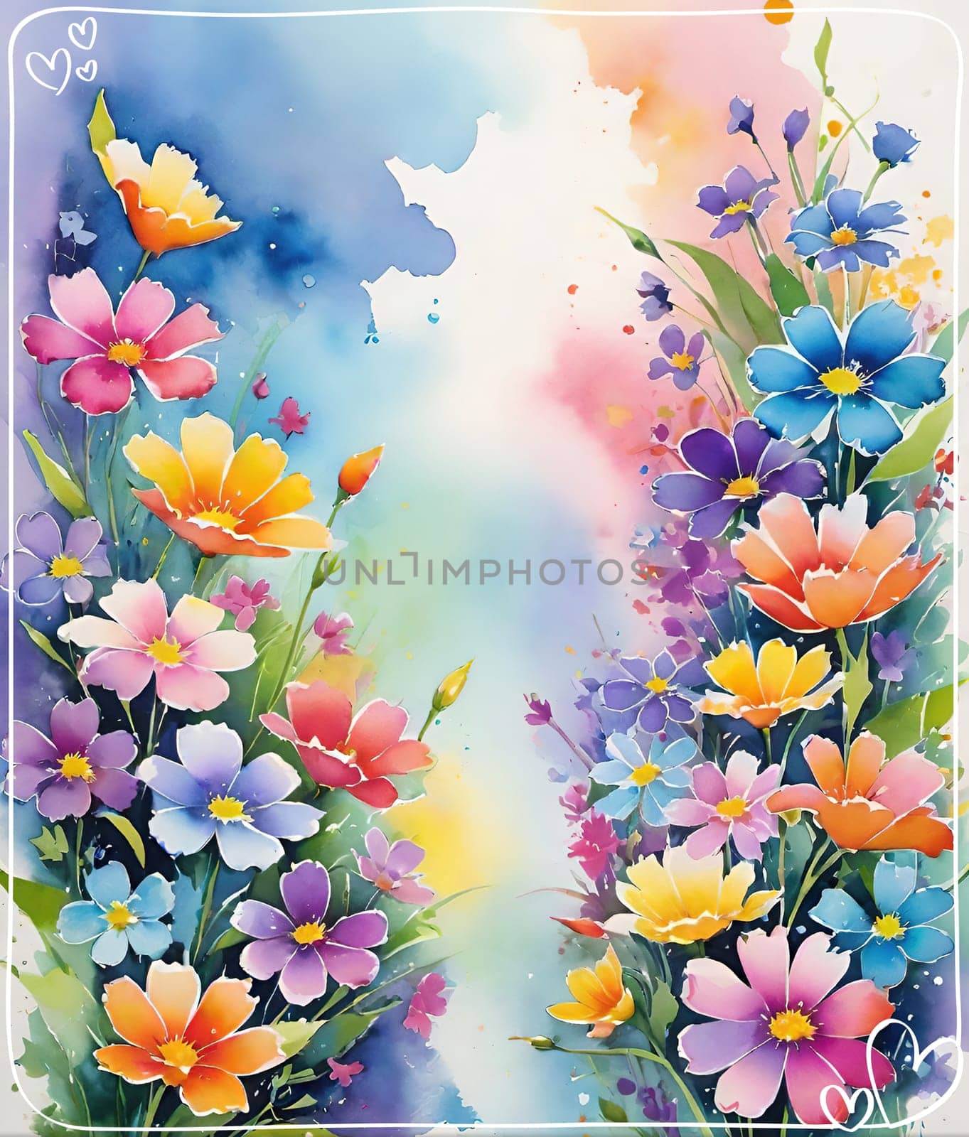 Spring background with colorful flowers and place for text. Vector illustration.Abstract floral background with colorful flowers. Beautiful floral background with colorful flowers and place for your text.Beautiful summer landscape with flowers. Vector illustration for your design. Watercolor illustration.Greeting card.Floral background.