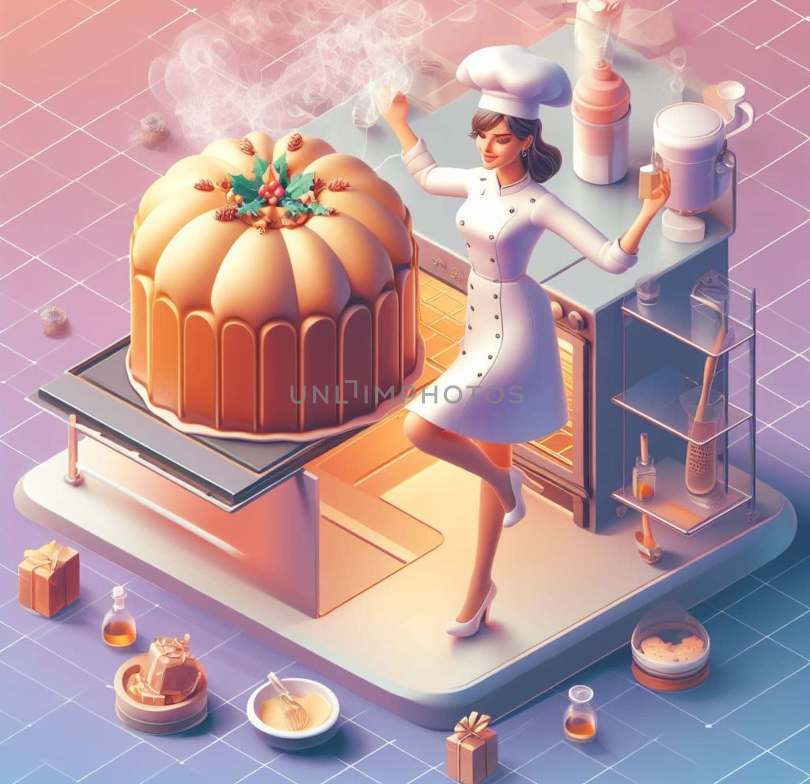 glamourous chef in steampunk kitchen with windiwn natural light cooking posing dancing singing illustration generative ai art