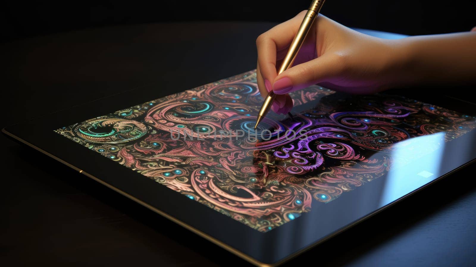 Graphic Designer. The artist's hand draws a bright digital illustration on a tablet. AI