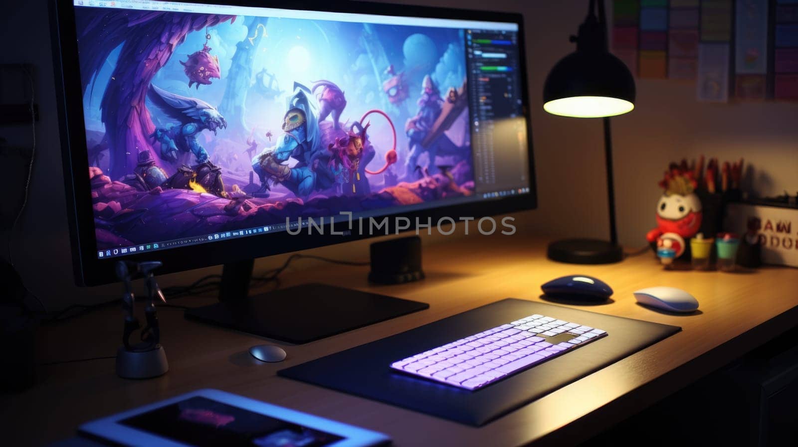 Graphic designer's desk. Computer with bright digital illustration AI