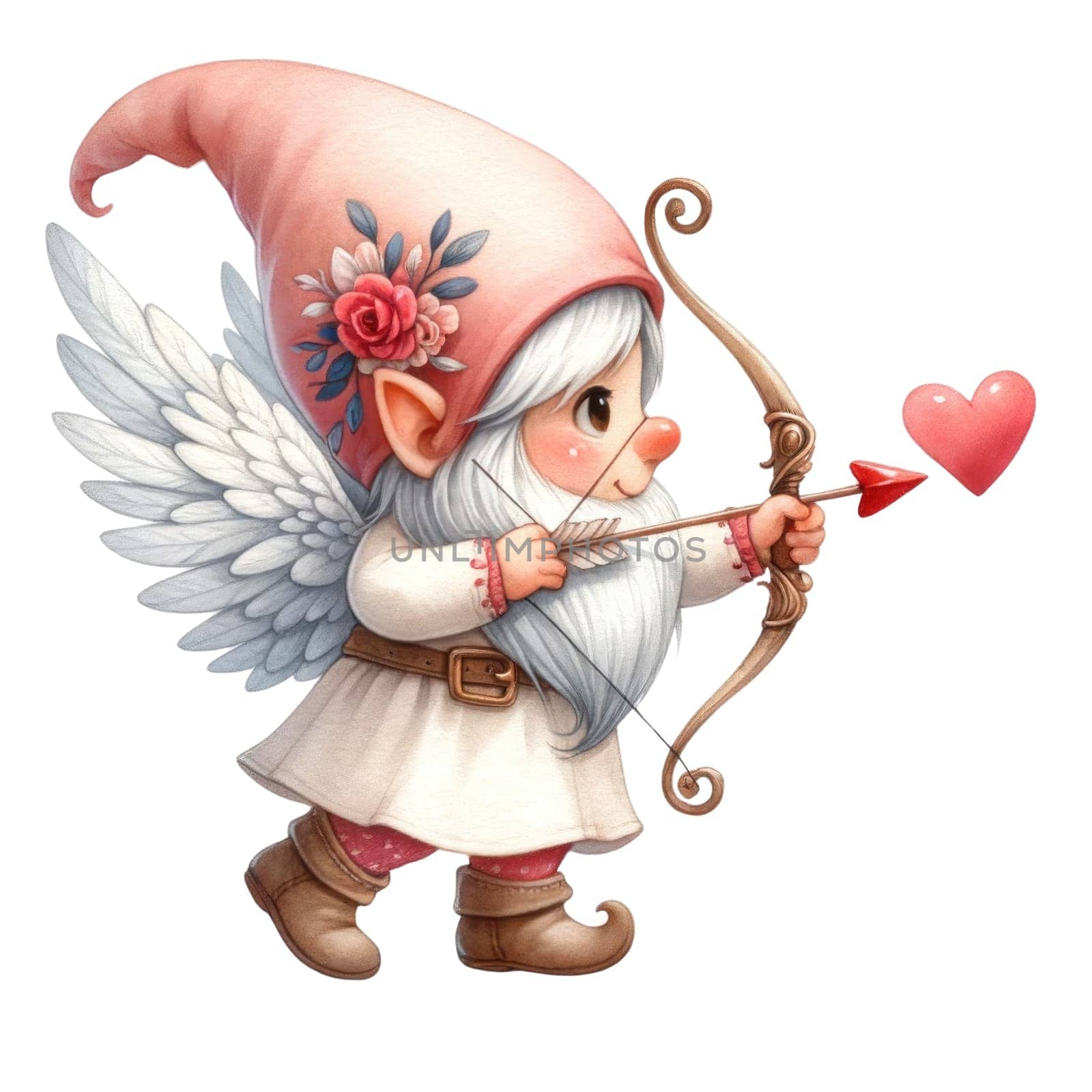 Valentines gnome, love Nordic gnome, Scandinavian gnomes, Watercolor cute valentines day postcard. Vellichor.