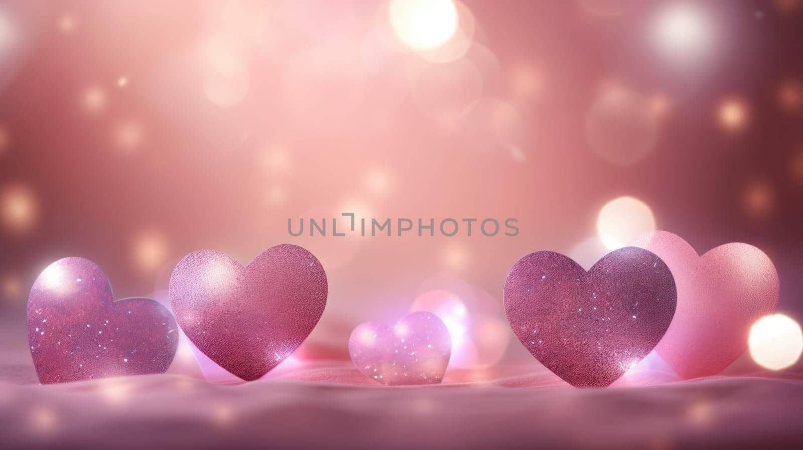 Abstract pink bokeh background. Trendy Valentine's Day decoration symbol. Shimmering heart shaped AI