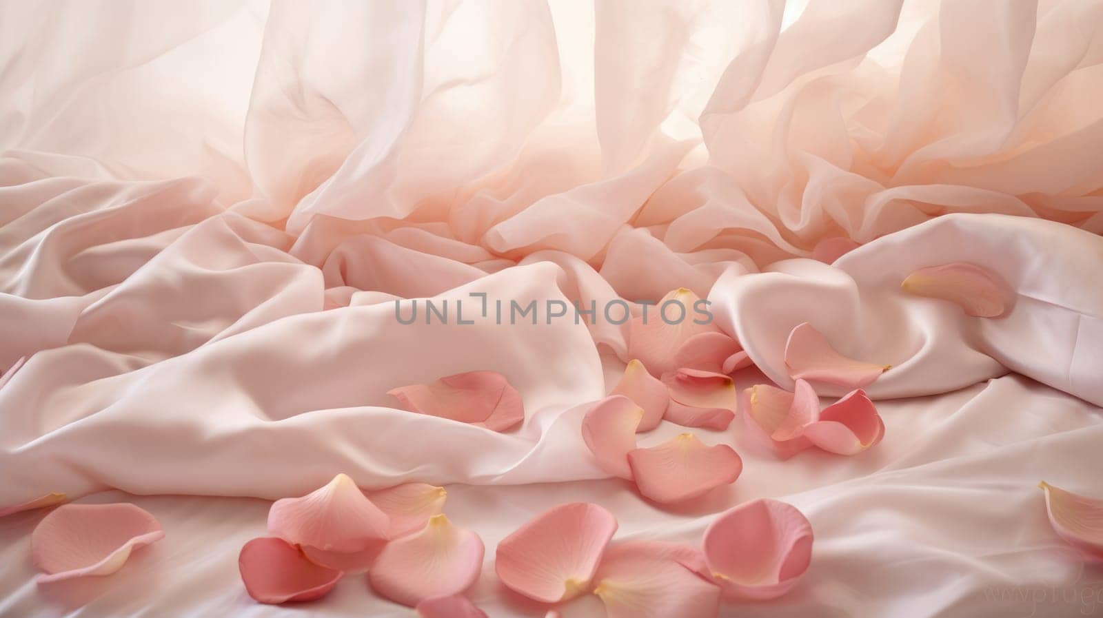 Pink rose petals scattered over silk satin bed sheets. Romantic visual. AI