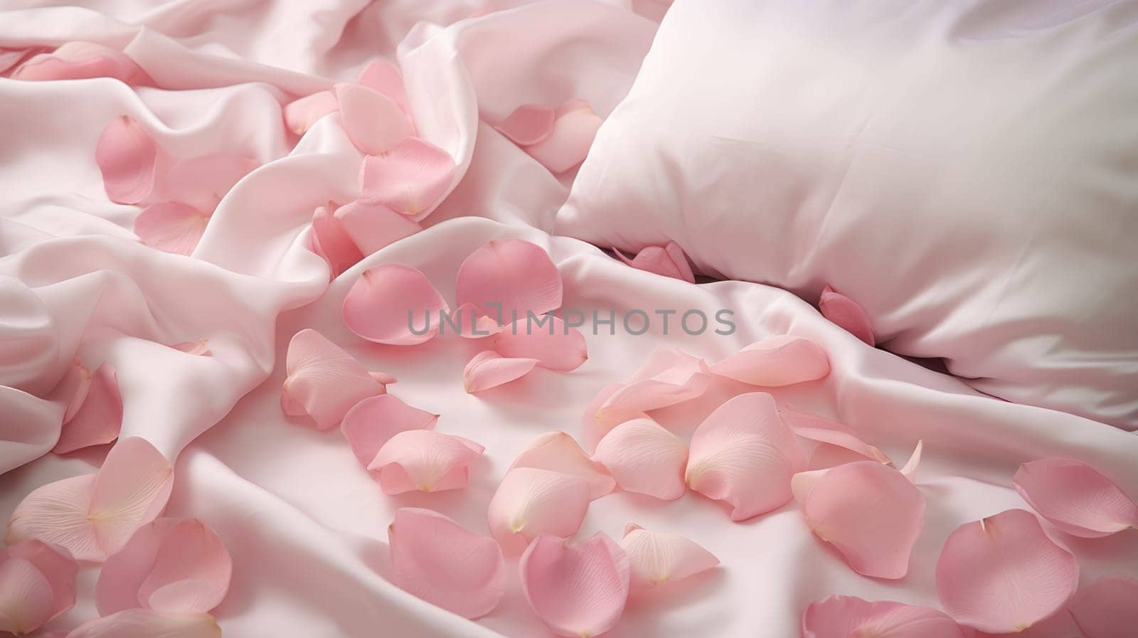 Pink rose petals scattered over silk satin bed sheets. Romantic visual. AI