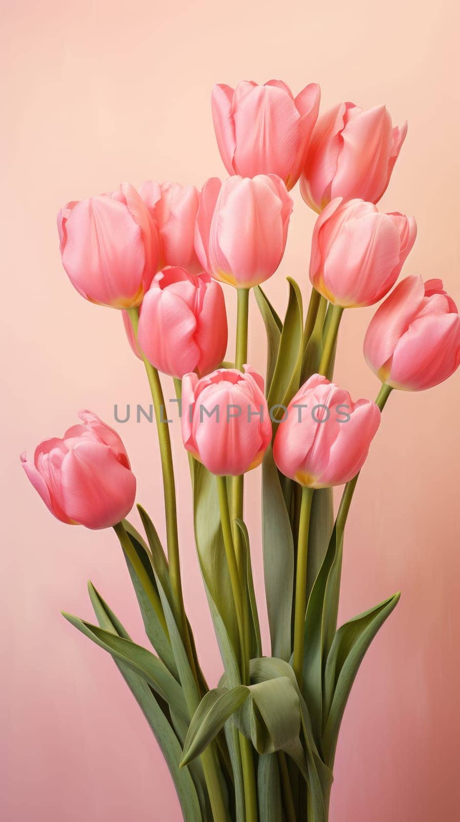 Pink tulips on the pink background. Flat lay, top view. Valentine's Day background. Vertical AI