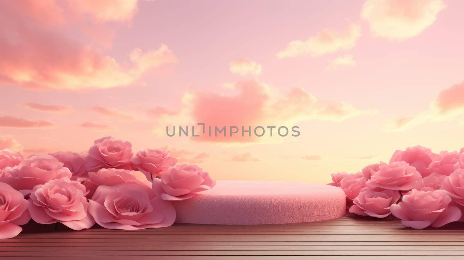 Empty podium and pink roses for product display. Romantic pink sunset background. Copyspace AI