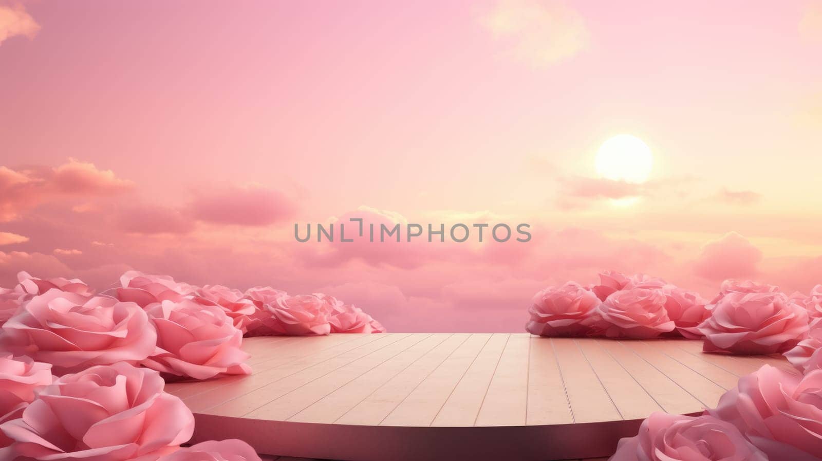 Empty podium and pink roses for product display. Romantic pink sunset background. Copyspace AI