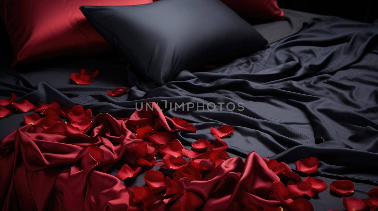 Rose rose petals scattered over black silk satin bed sheets. Romantic visual. AI