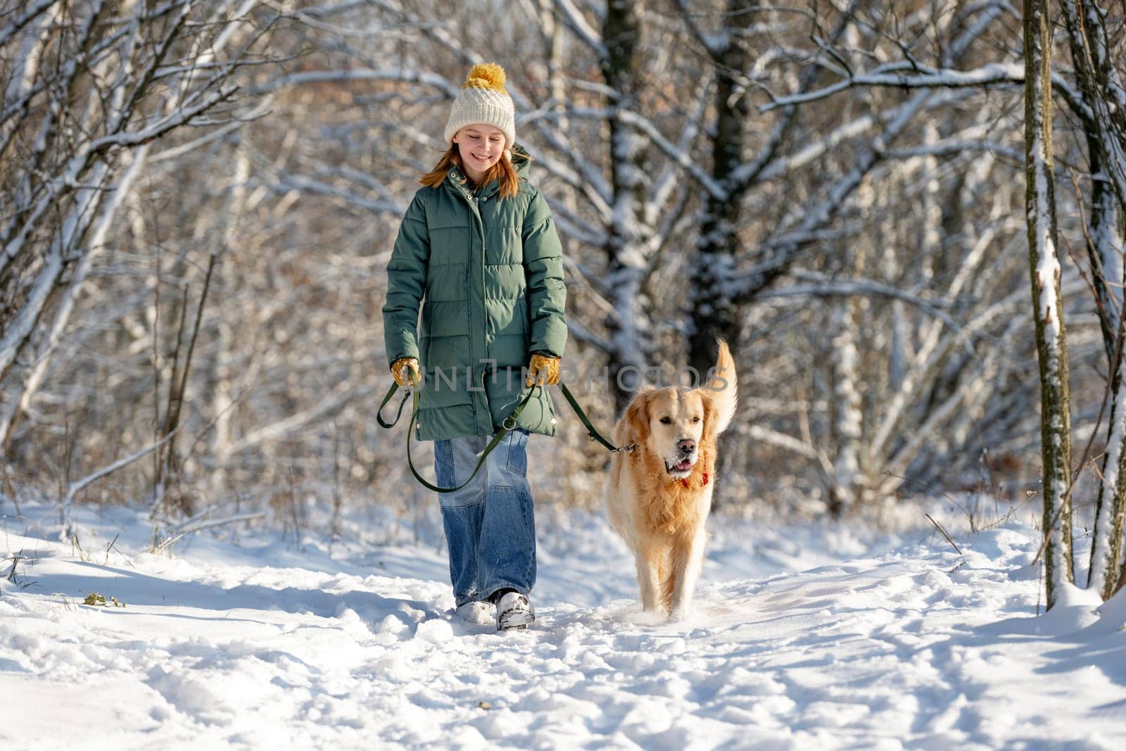 Girl Walks With Golden Retriever In Winter Forest, Strolling With Dog Through Snow-Covered Woods