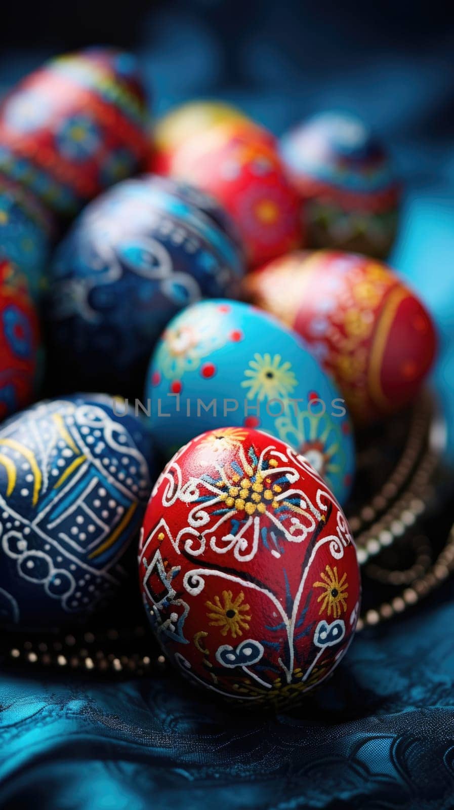 Easter eggs painted in blue color. Vertical holiday banner. AI
