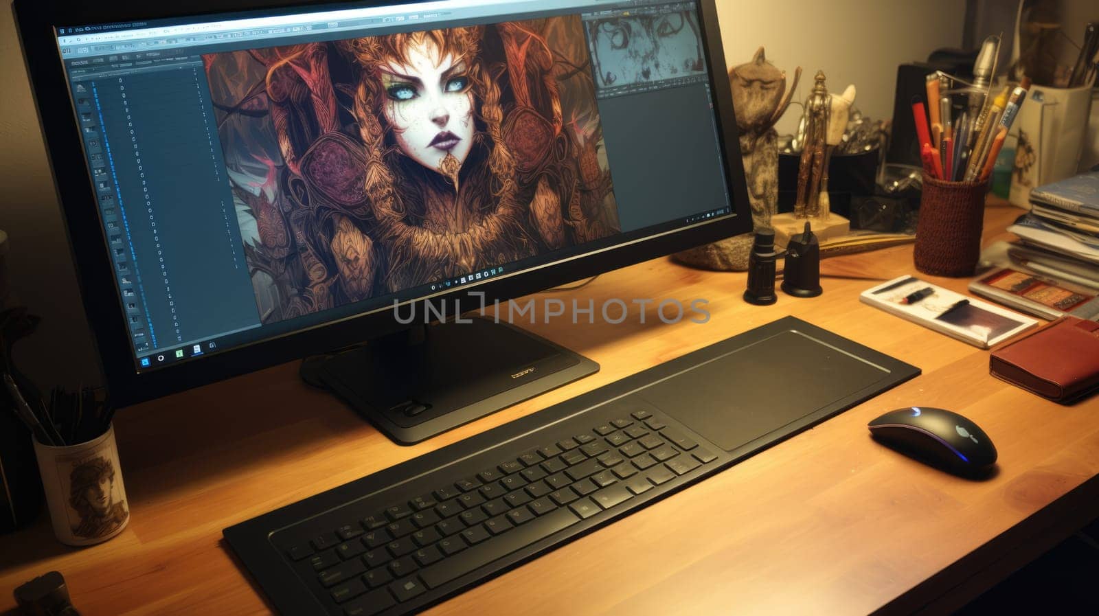 Graphic designer's desk. Computer with bright digital illustration AI