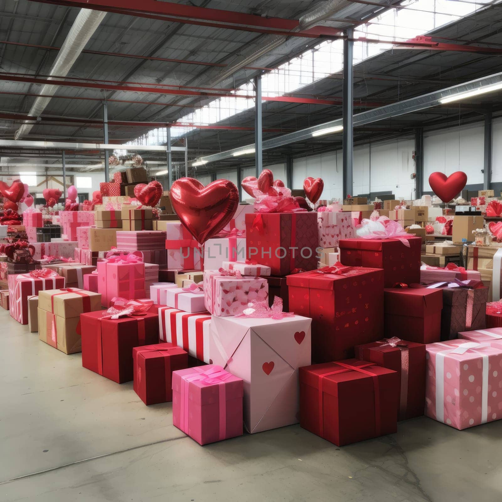 Large warehouse of Valentine's Day gifts. Sale and delivery of goods AI