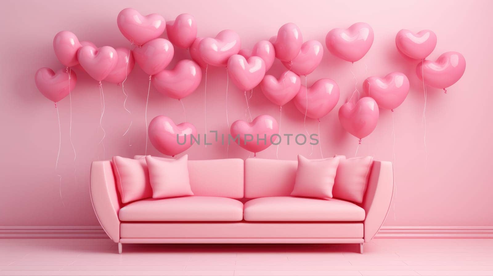Pink sofa and heart-shaped balloons, on a pink background AI
