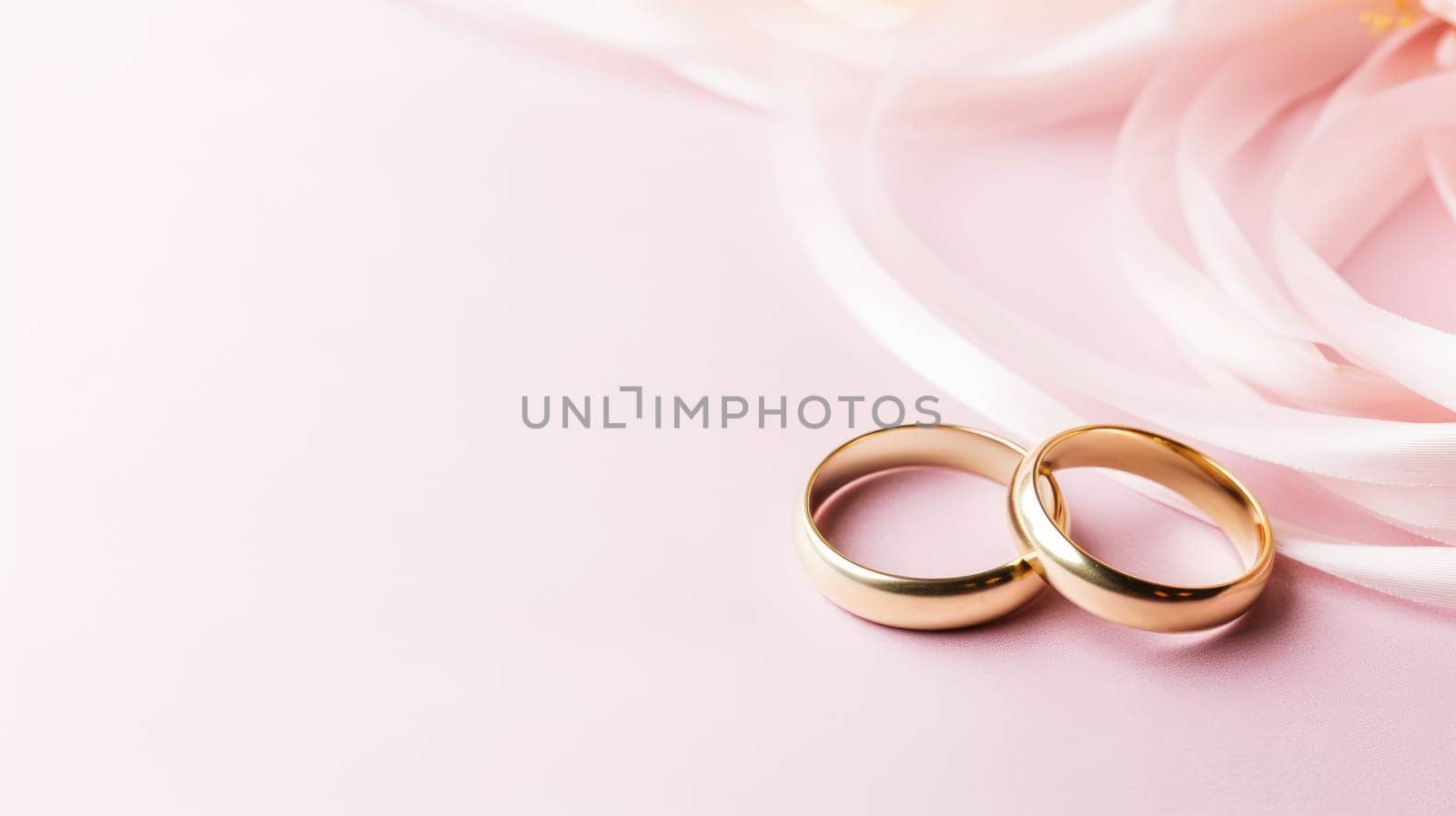 Pink pastel background with copy space and wedding golden rings AI