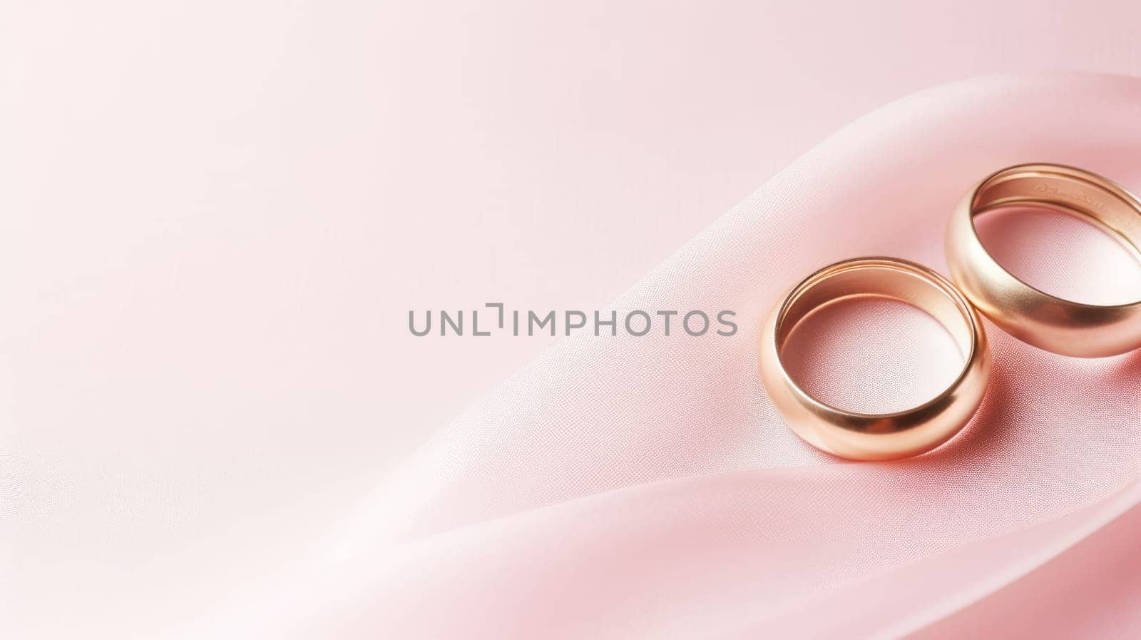 Pink pastel background with copy space and wedding golden rings by natali_brill
