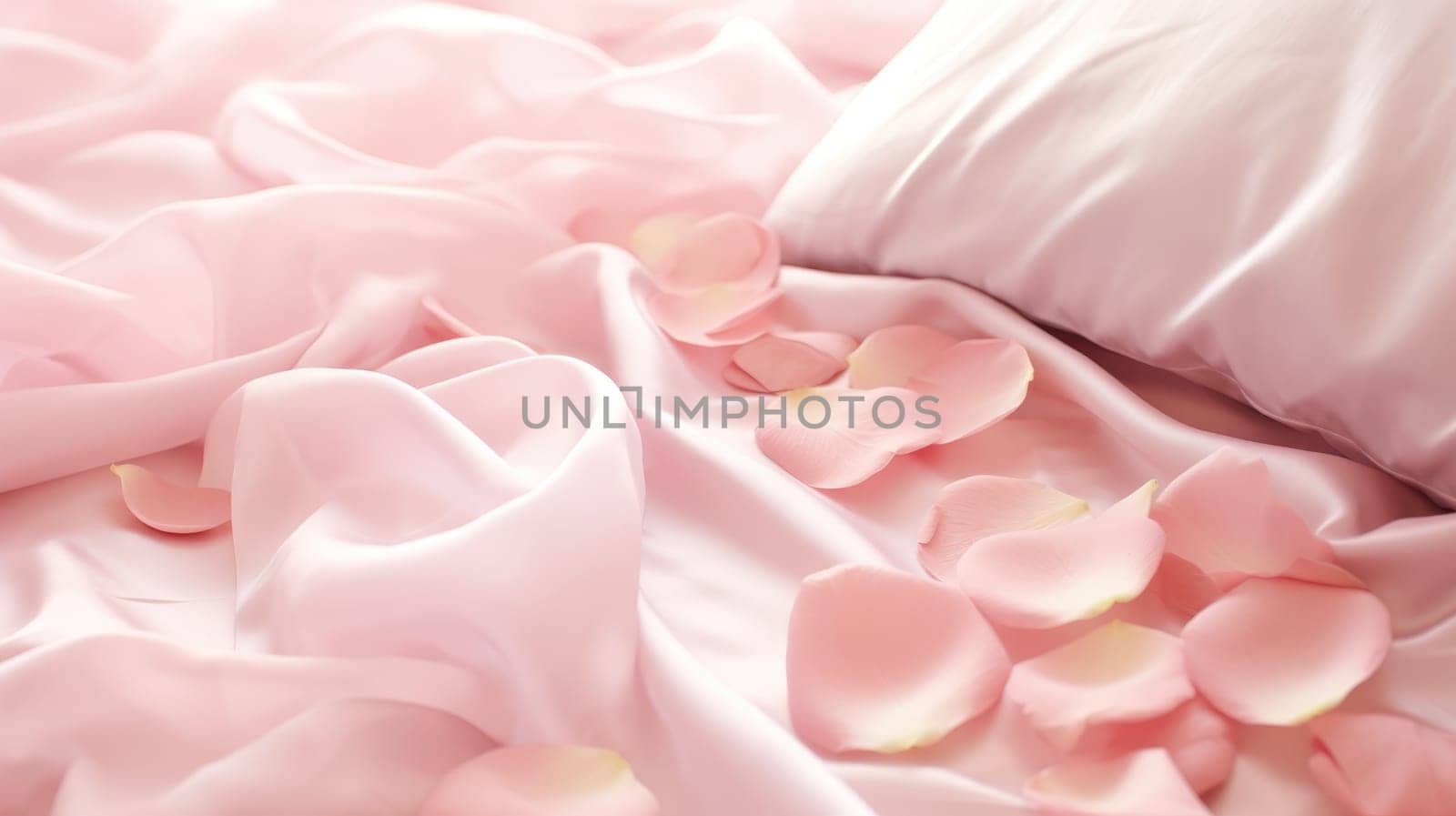 Pink rose petals scattered over silk satin bed sheets. Romantic visual. AI