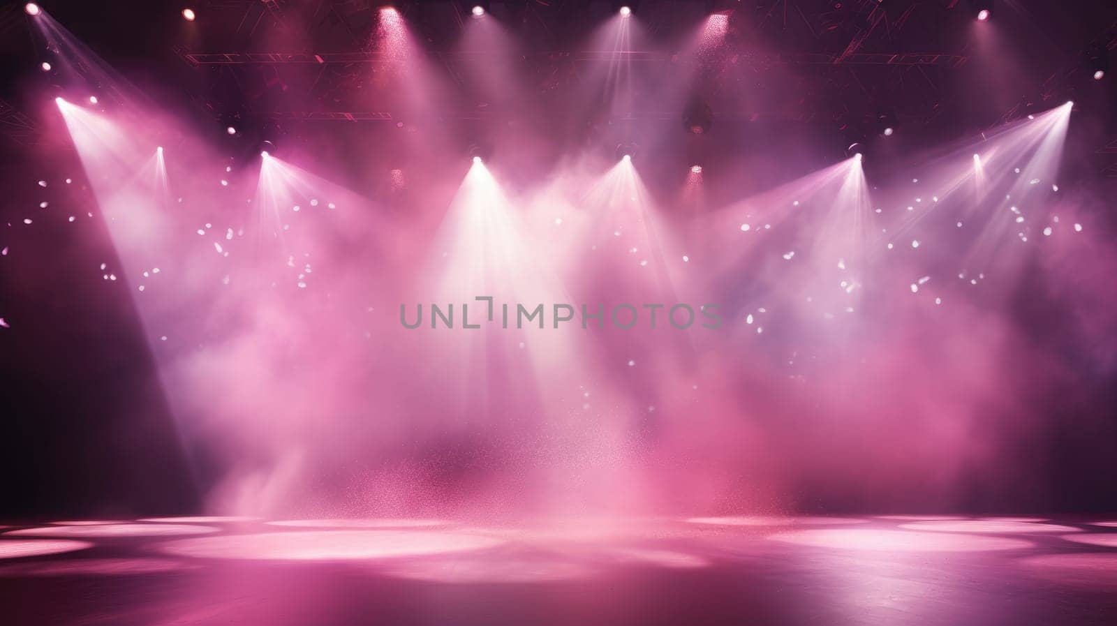 Empty stage. Pink spotlights through smoke and sparkles. Stage for performance background AI