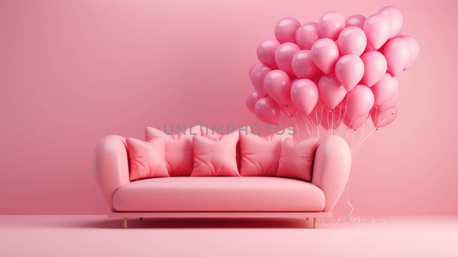 Pink sofa and heart-shaped balloons, on a pink background by natali_brill