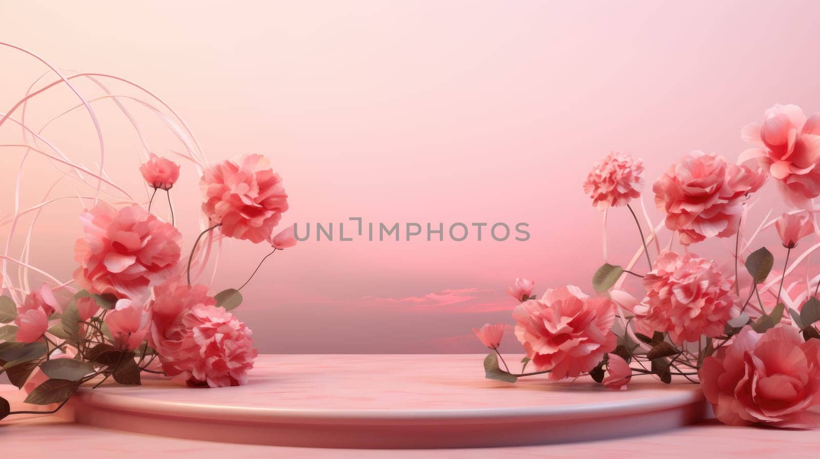 Empty podium and pink roses for product display. Romantic pink sunset background. Copyspace AI