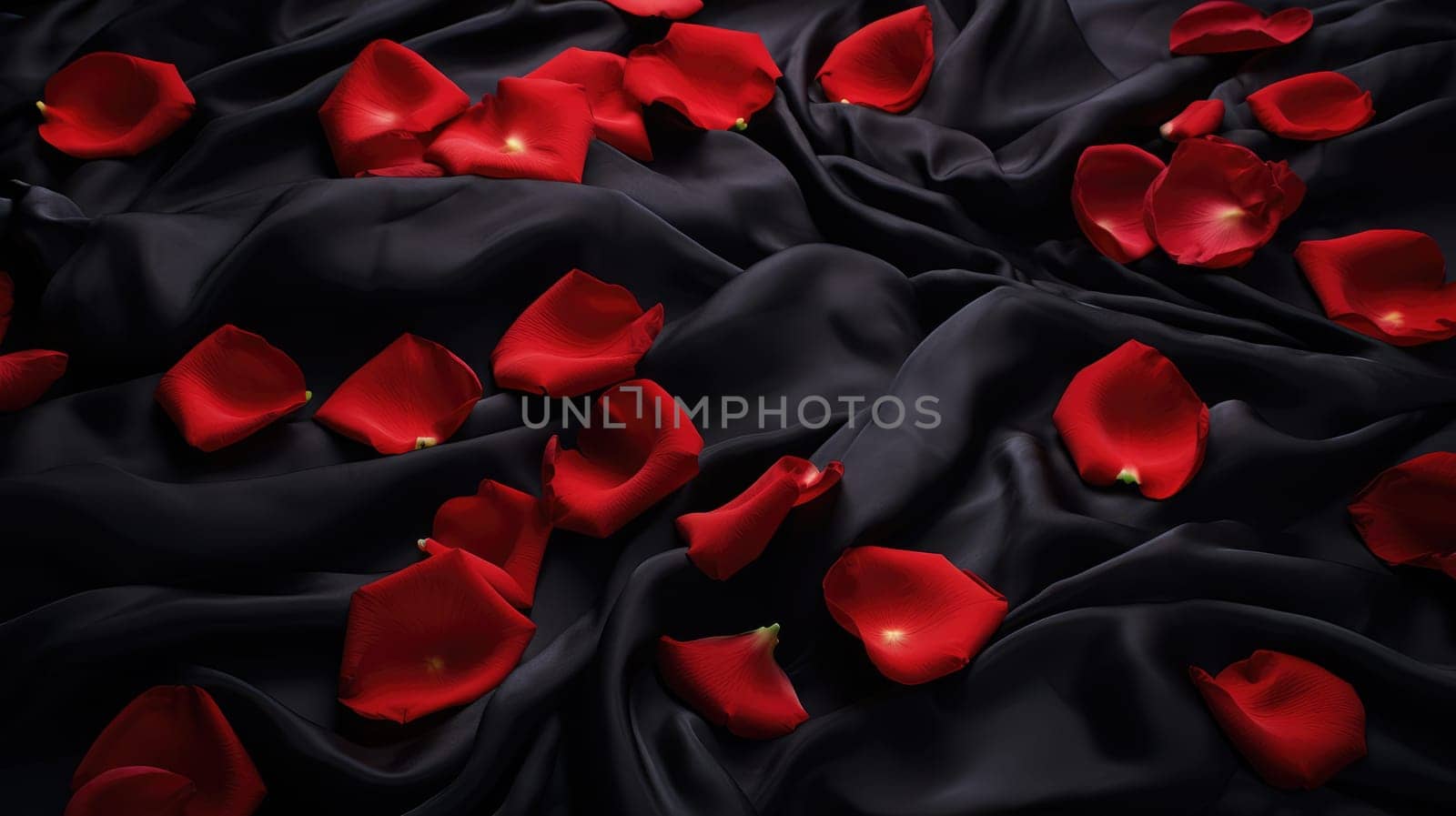 Rose rose petals scattered over black silk satin bed sheets. Romantic visual. AI