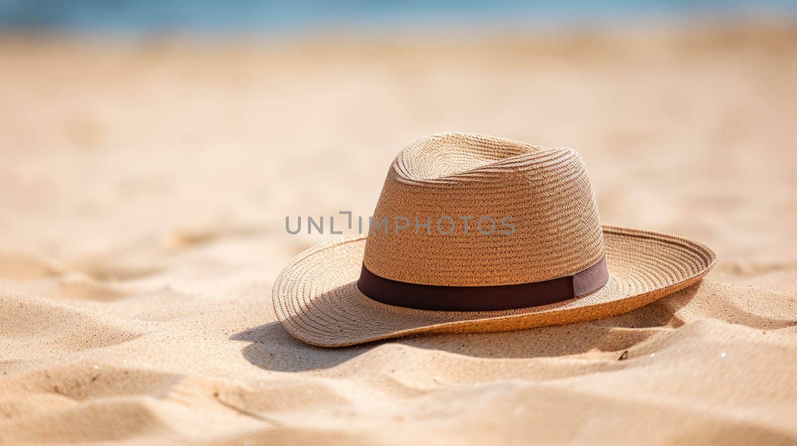 Straw hat on sand. Holiday concept. Travel and vacation concept. AI