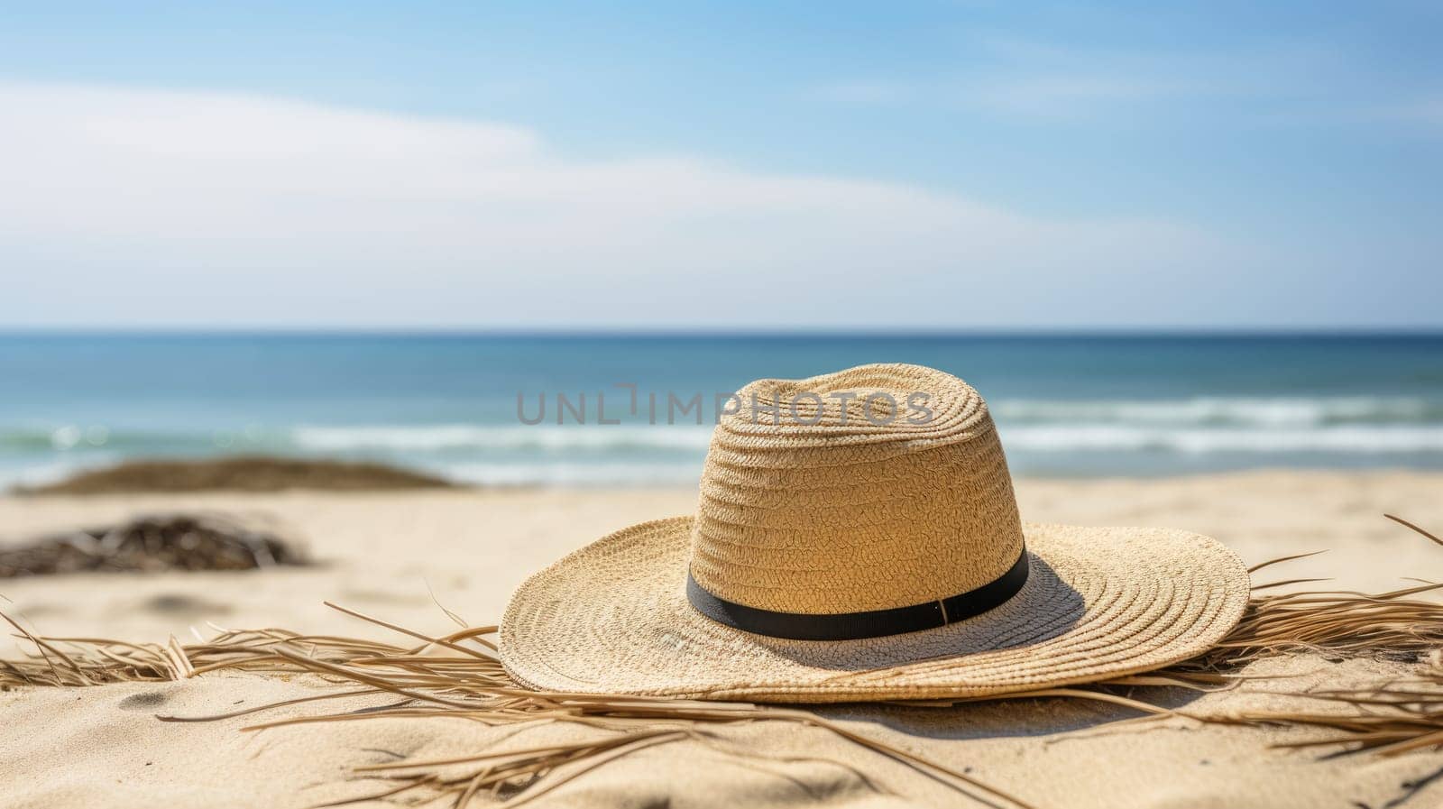 Straw hat on sand. Holiday concept. Travel and vacation concept. AI