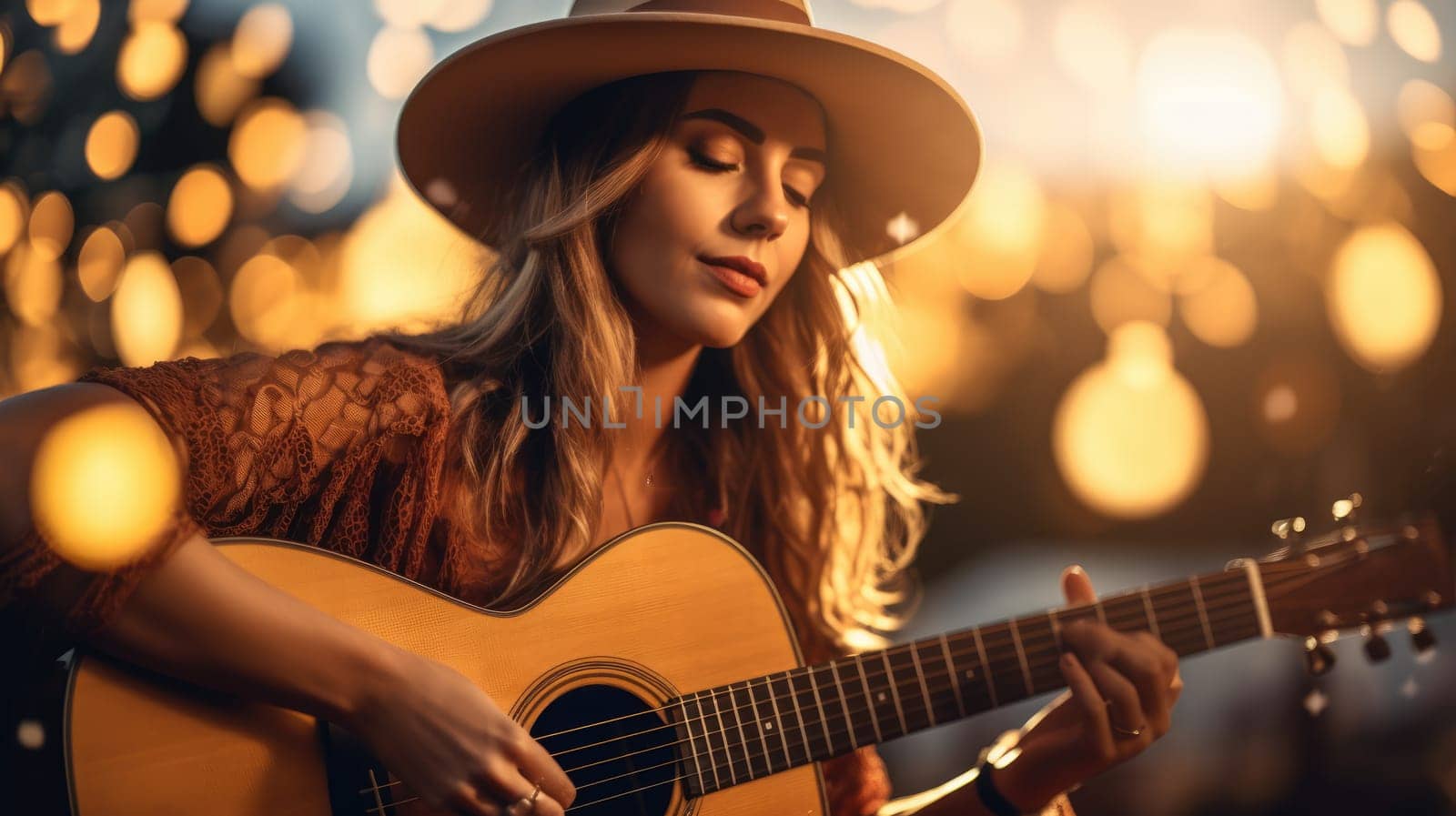 Woman in country clothes with guitar. Blurred background with music festival by natali_brill