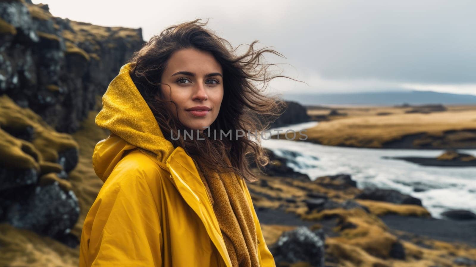 Young woman tourist in a yellow coat Iceland landscapes in the background AI