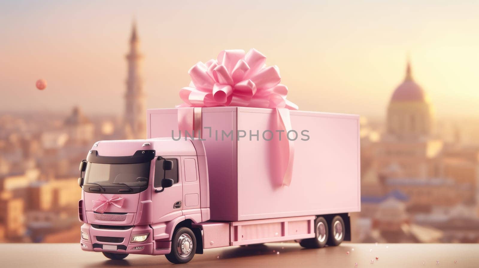 Truck with a gift box, against the backdrop of a blurry pink city. Gift delivery service AI