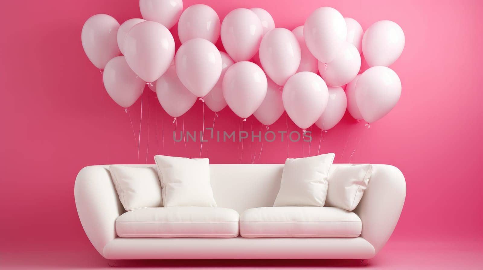 White sofa and heart-shaped balloons, on a pink background AI