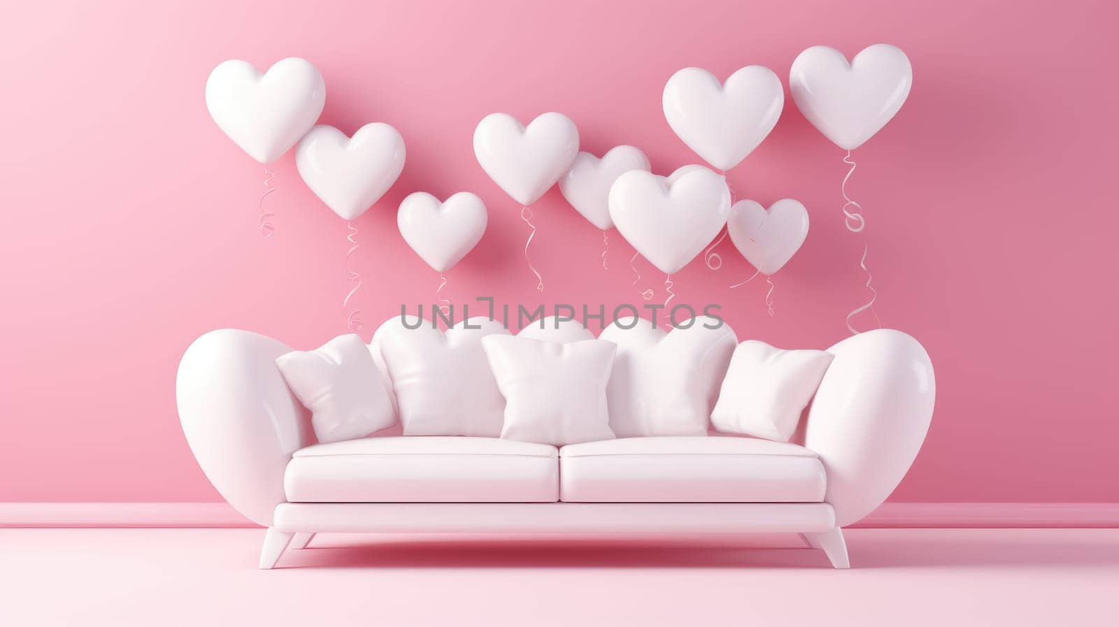White sofa and heart-shaped balloons, on a pink background AI
