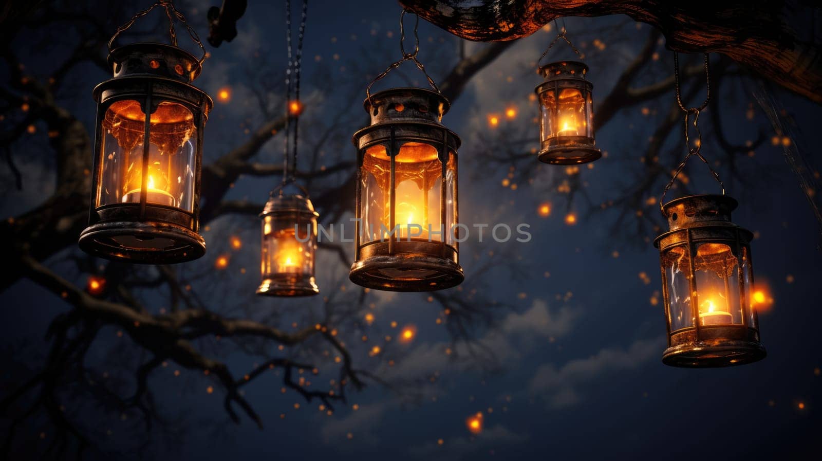 Lantern with night sky. Lantern with candles hanging from branches. Garden decor by natali_brill