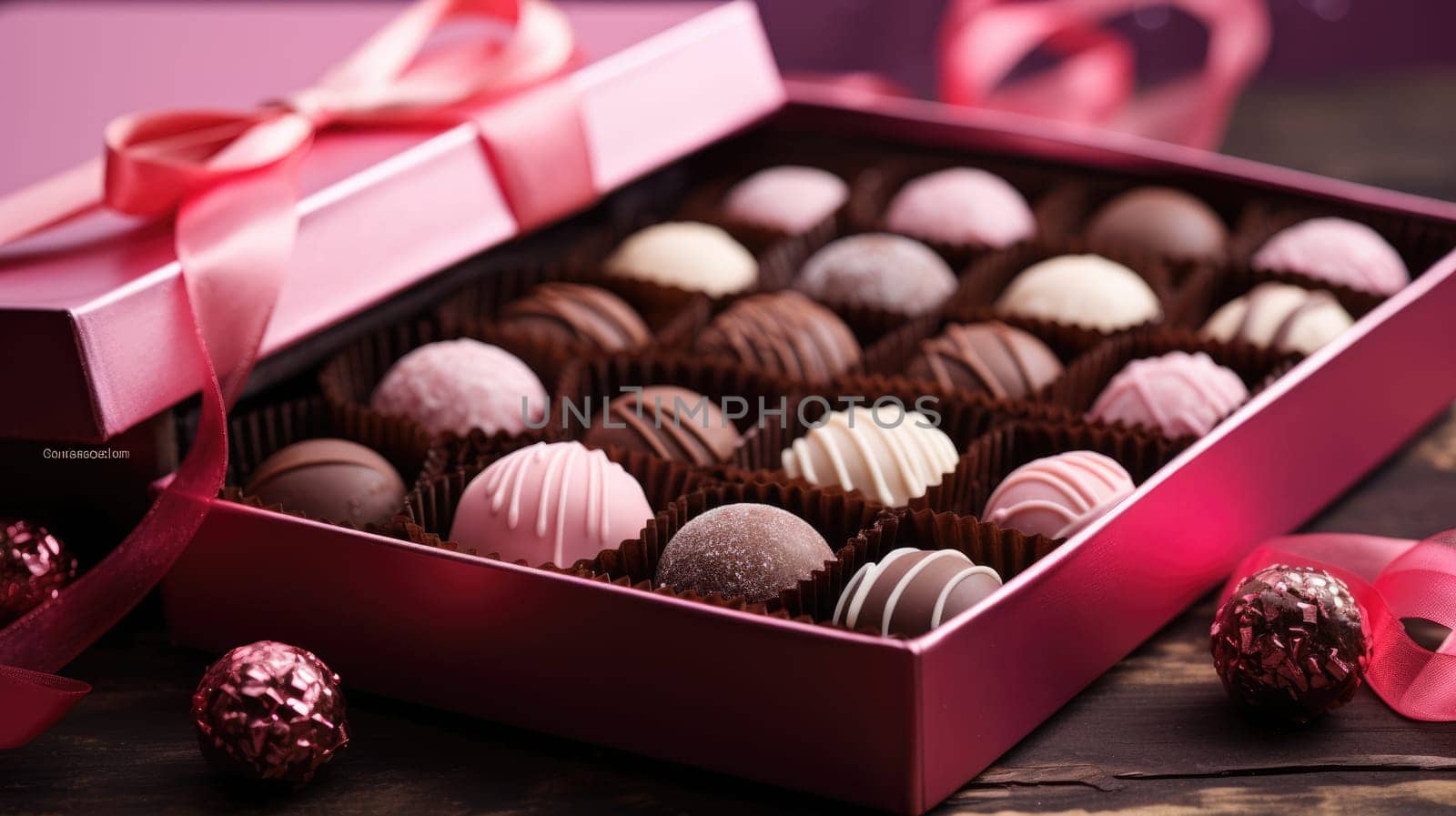 Chocolates and chocolate pralines in a pink gift box as a luxury holiday present AI