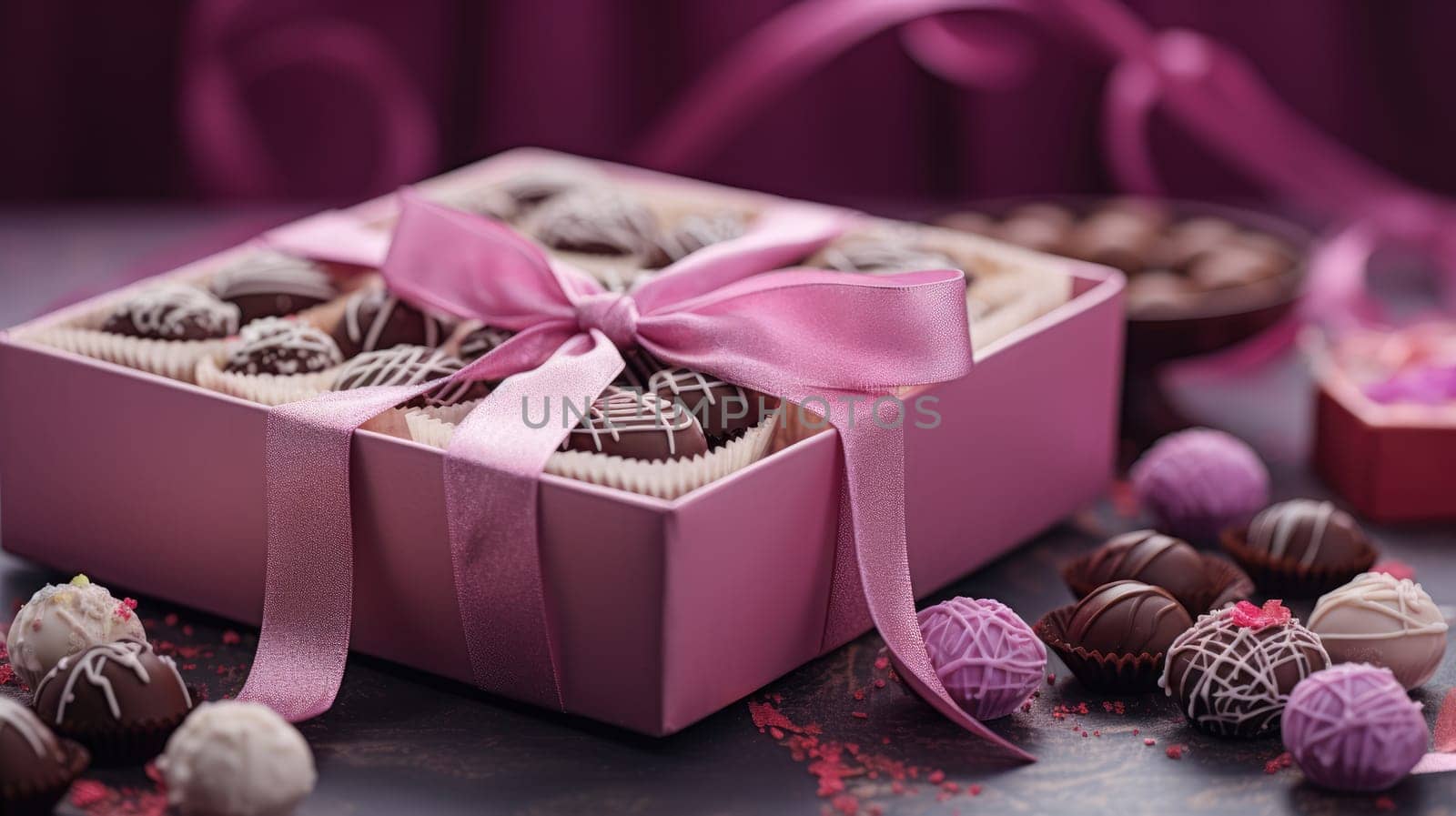 Chocolates and chocolate pralines in a pink gift box as a luxury holiday present AI