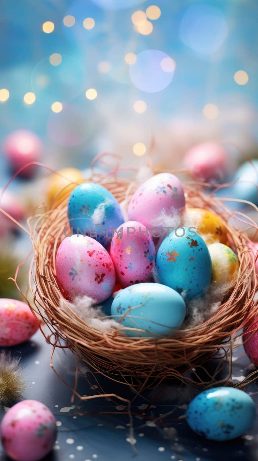 Easter eggs painted in blue color. Vertical holiday banner. AI