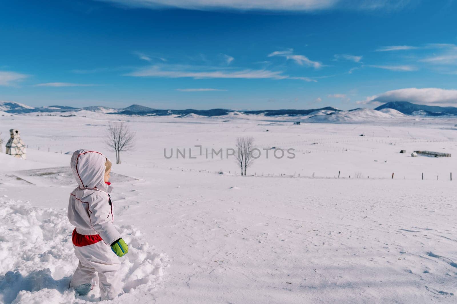Little girl stands in a deep snowdrift in a mountain valley and looks into the distance. Side view by Nadtochiy