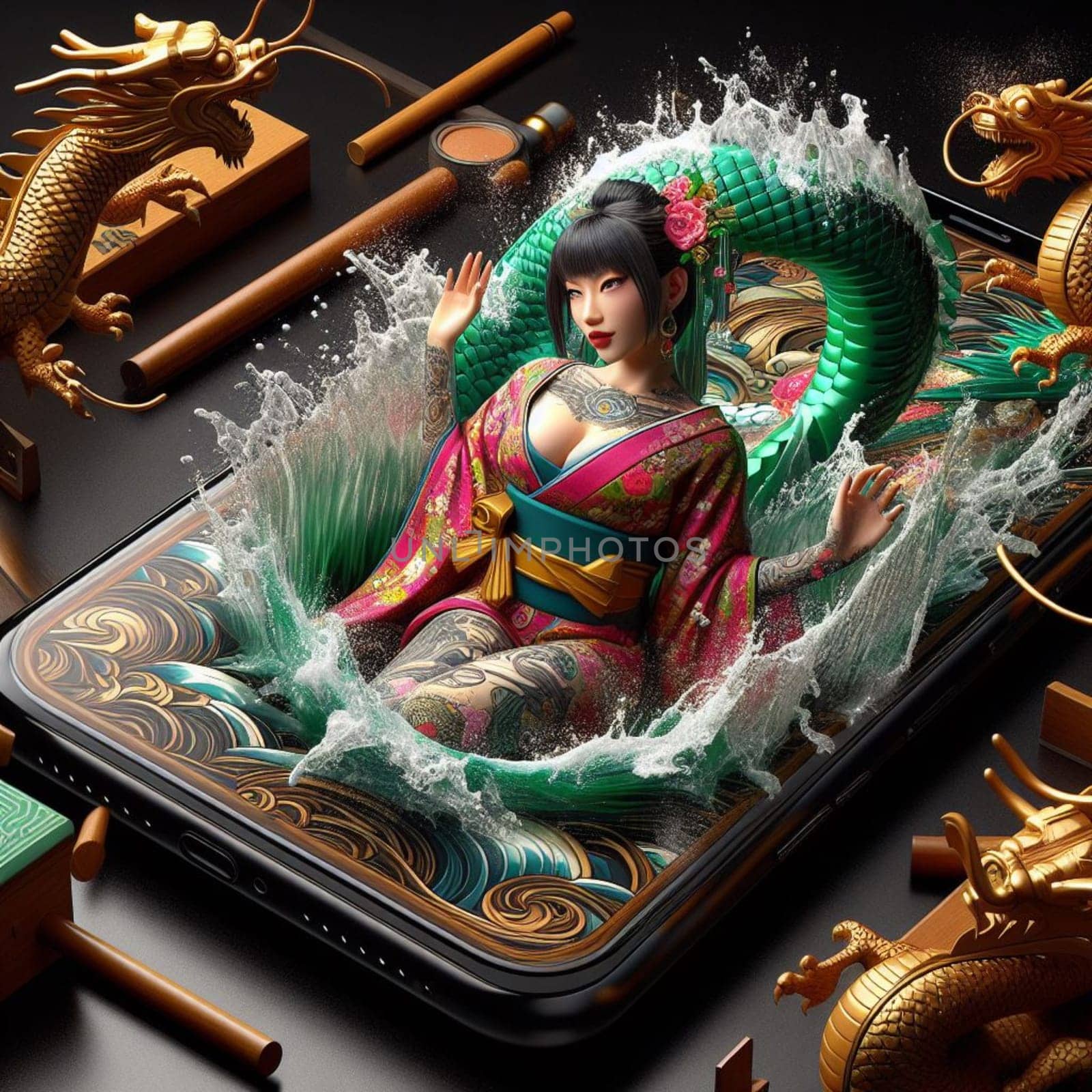 traditional asian woman wear kimono silky dress dance with dragon in chinese new year, background shanghai city skyline come out of phone screen on a desk