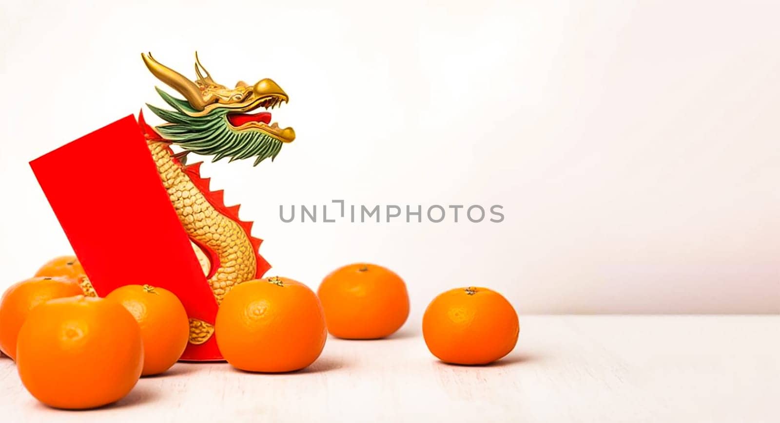 hongbao Chinese money envelope, tangerines and a dragon on a light background, place for text on the right, banner.