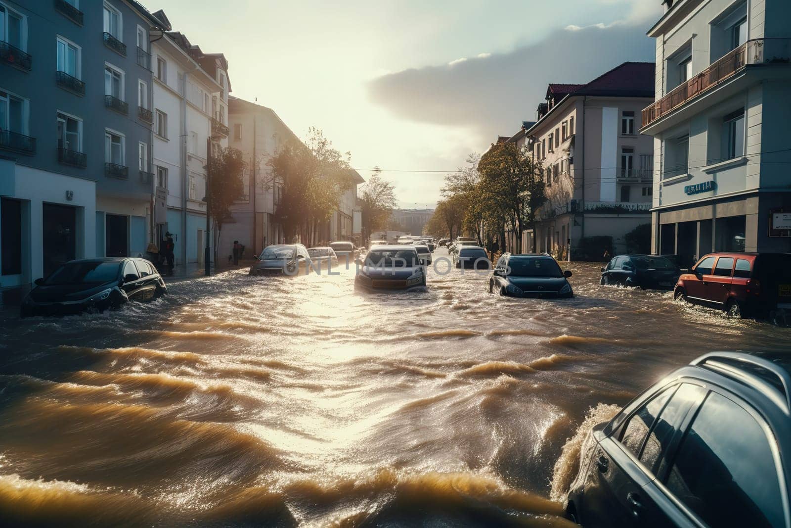 Climate change disaster flood catastrophe concept background - cars in flooded street of European city town