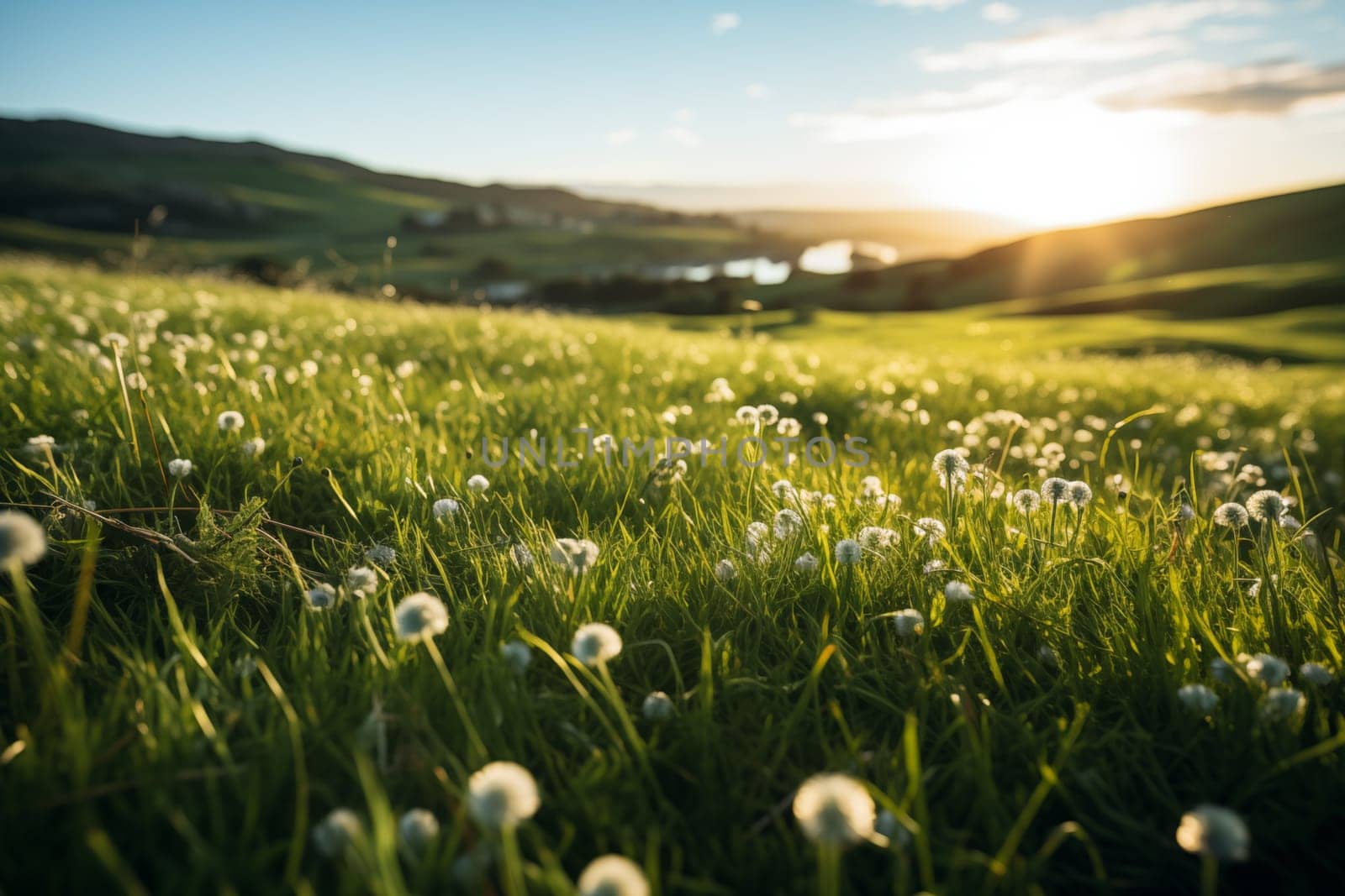 Grassy meadow field with flowers on sunset by dimol