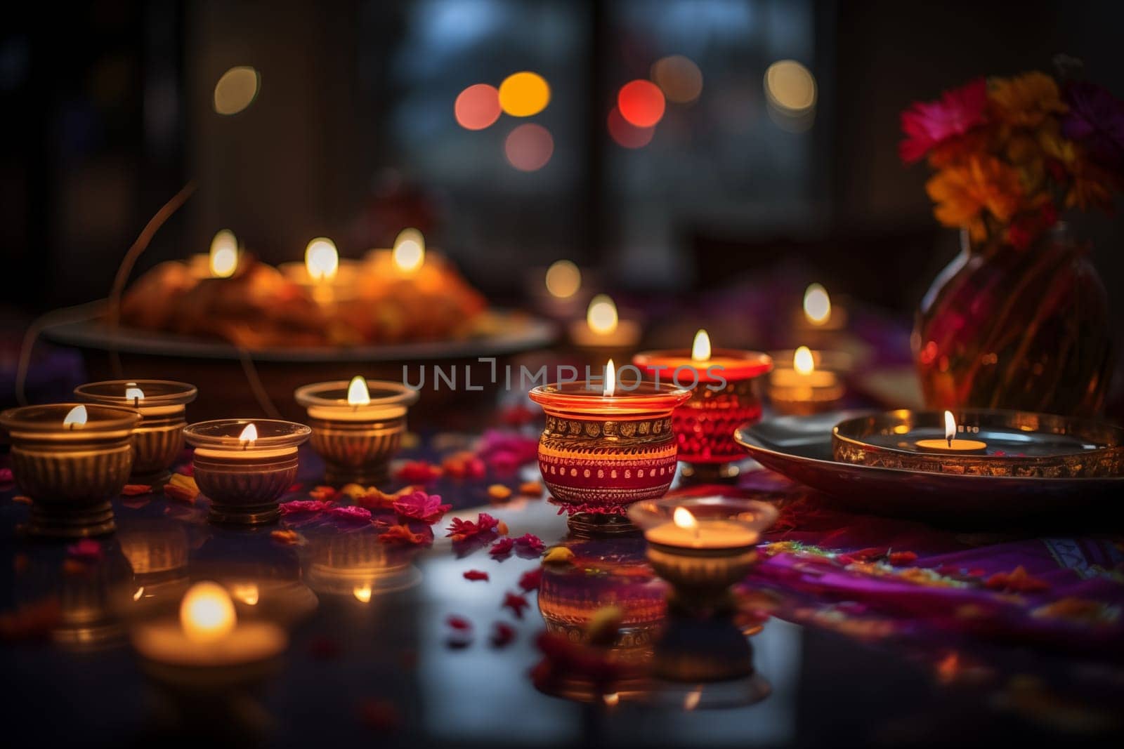 Diwali indian festival of lights background - burning diya lamps on a decorated table close up