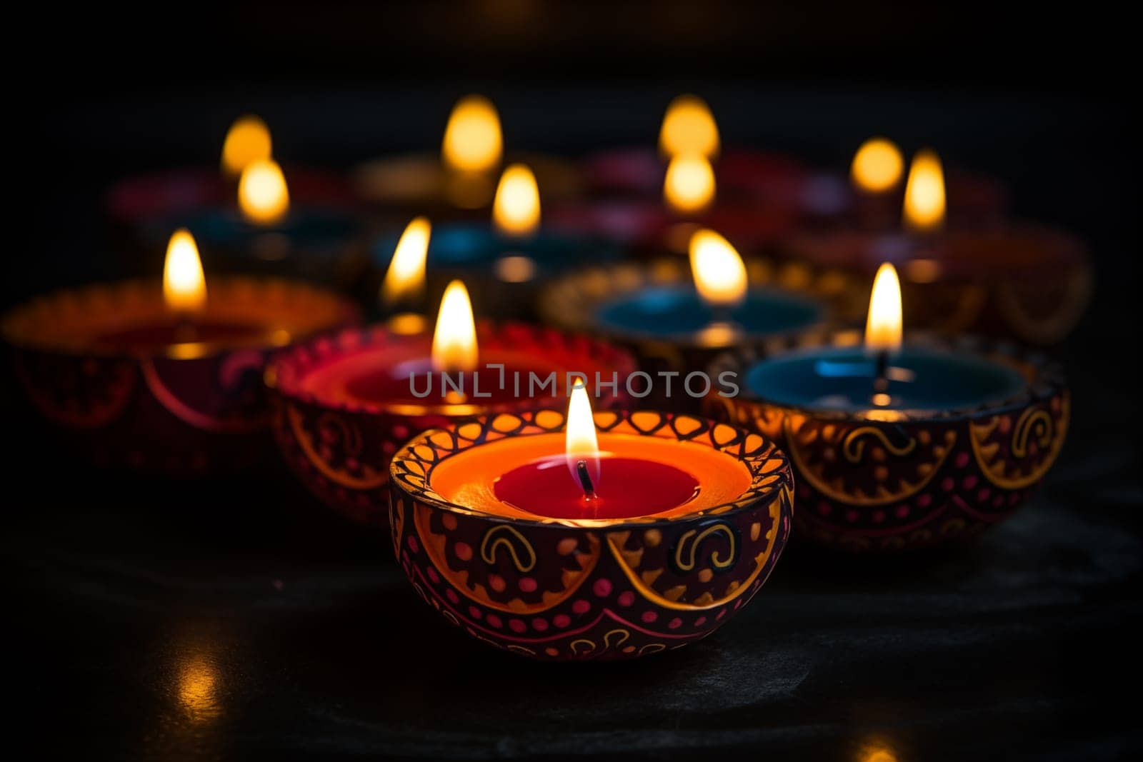Diwali Festival - Burning Diya Lamps on a Decorated Table by dimol