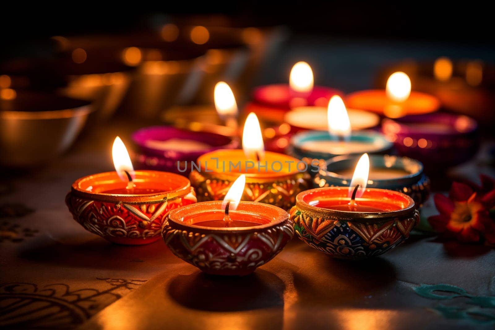 Diwali indian festival of lights background - burning diya lamps on a decorated table close up