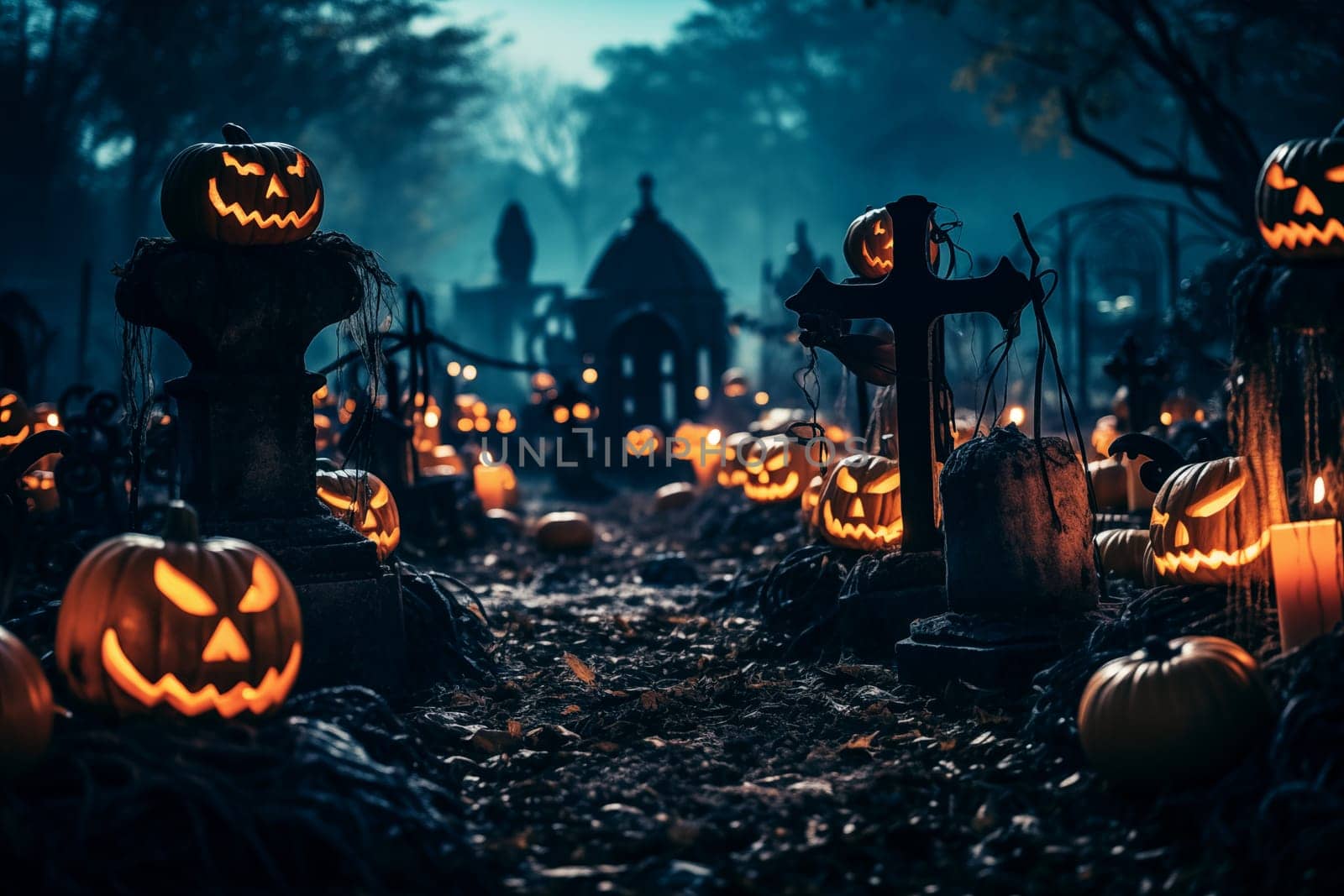 Halloween concept - spooky graveyard at night under full moon with Halloween jack-o-lantern pumpkins with glowing eyes, graves and tombstones