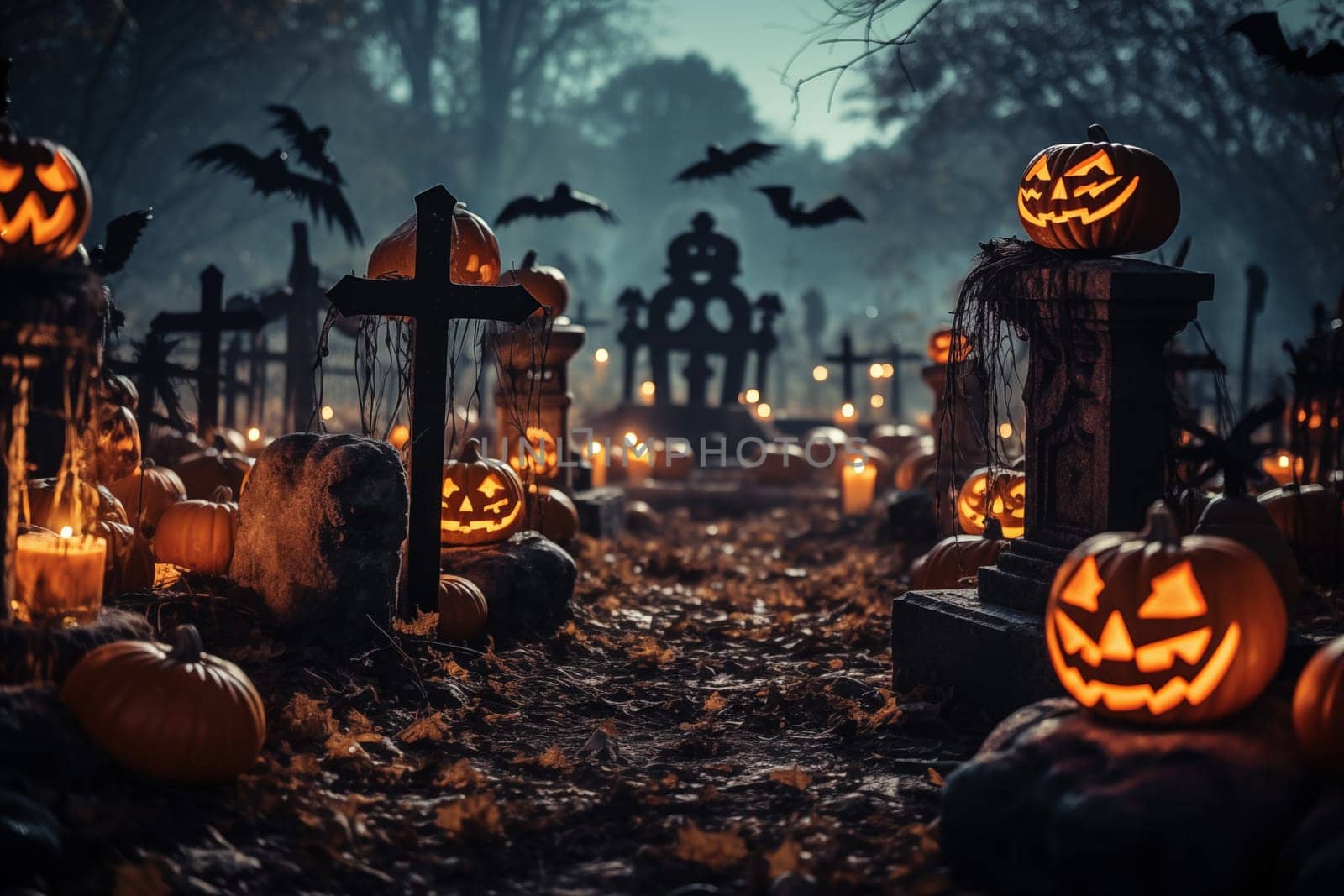 Halloween graveyard at night with pumpkins with glowing eyes, graves and tombstones by dimol