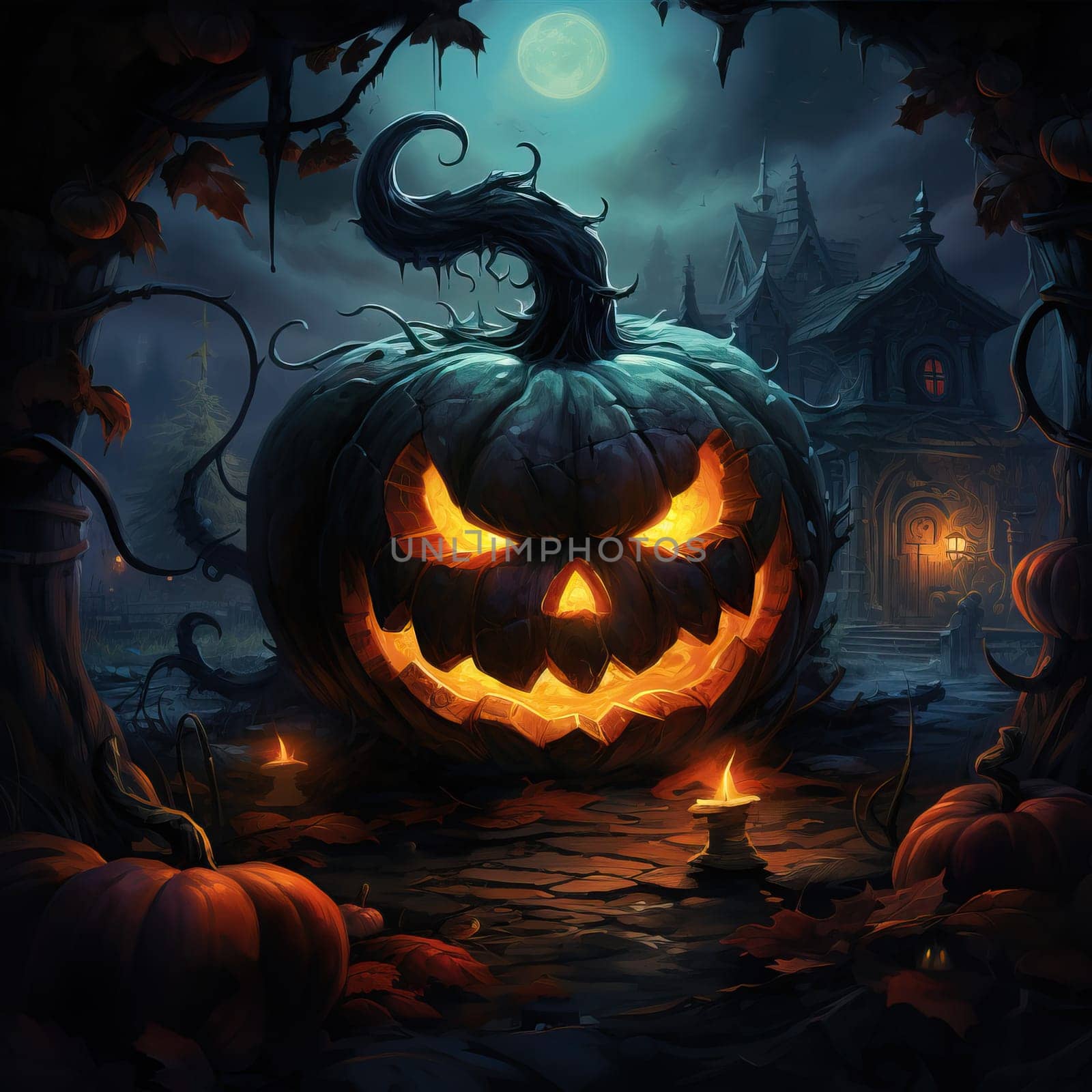 Halloween jack-o-lantern with glowing eyes, and spooky house at night by dimol