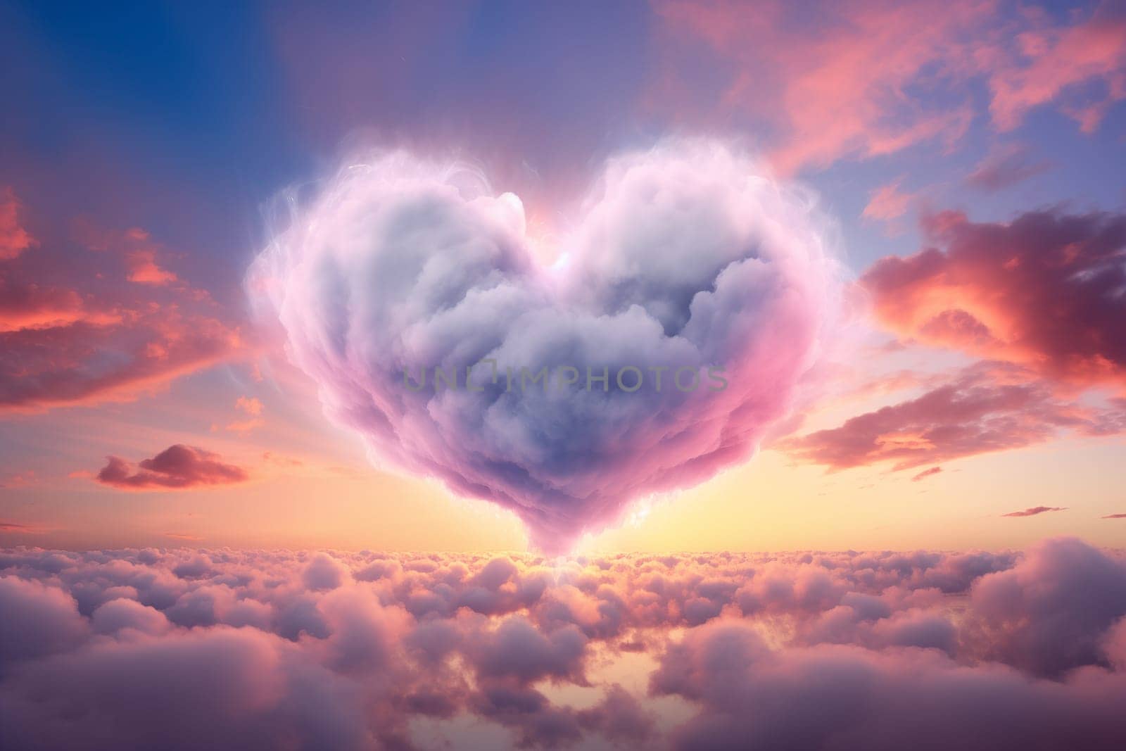 Painting of a heart-shaped cloud illuminated by the warm hues of sunset, floating above a serene sea of clouds. For love, romance, tenderness and Valentine day design