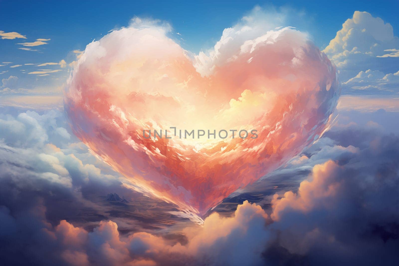 Painting of a heart-shaped cloud illuminated by the warm hues of sunset, floating above a serene sea of clouds. For love, romance, tenderness and Valentine day design