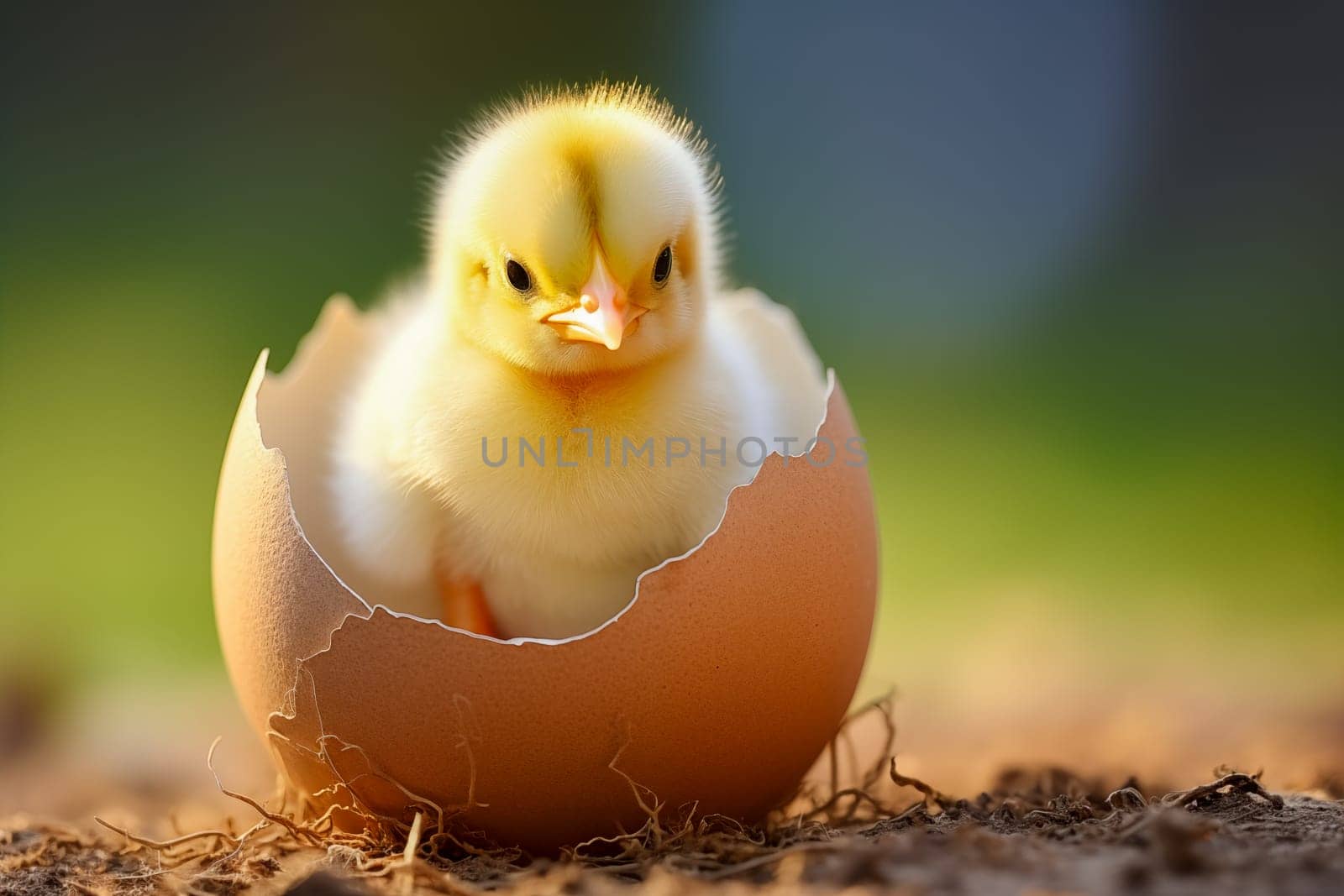 A close-up image capturing the moment a fluffy yellow chick emerges from its egg, showcasing the beauty of new life